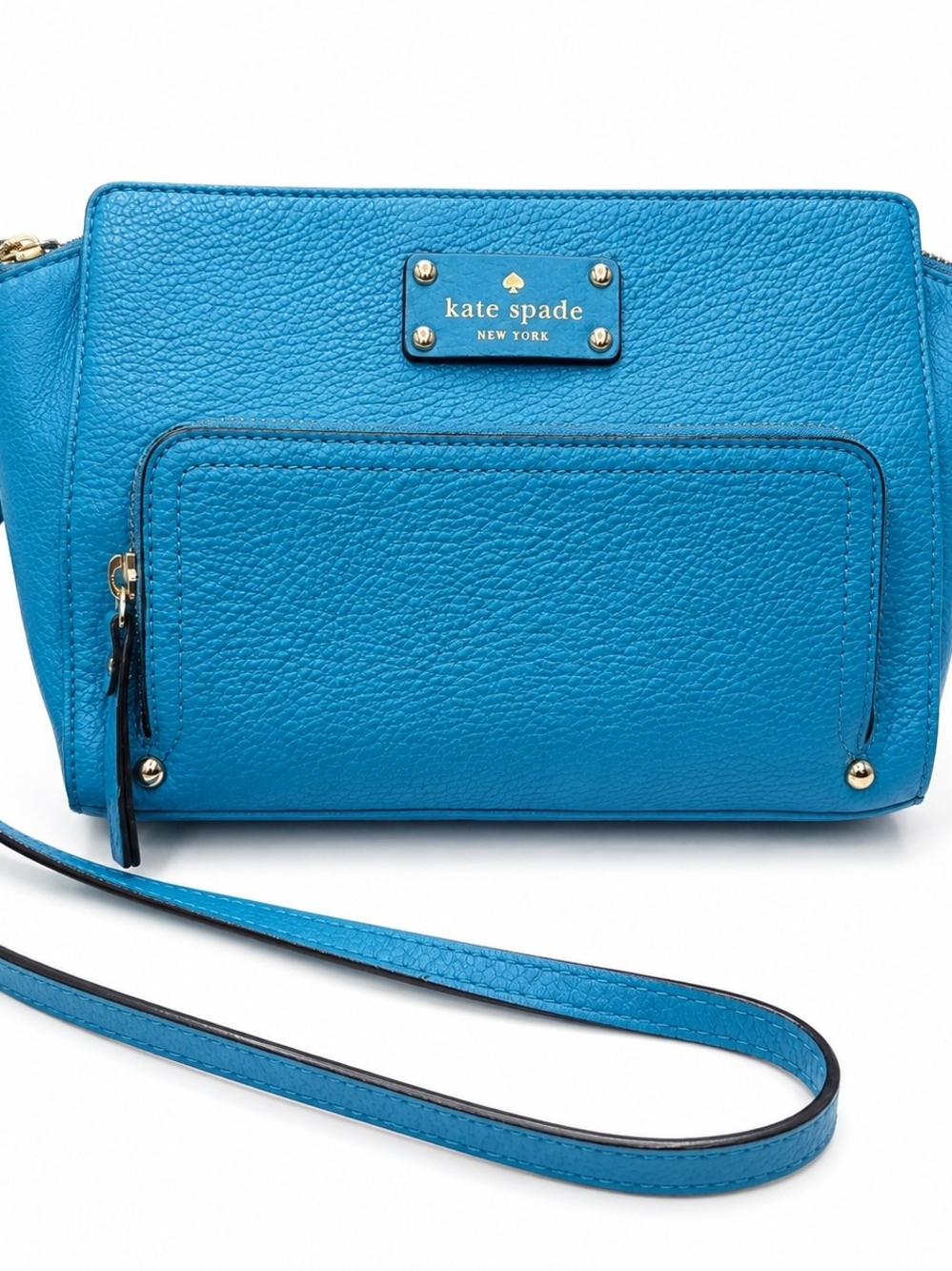 Kate Spade New York Tiffany Blue Pebbled Leather Crossbody Bag Gold Zip